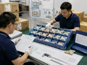 QC inspection of pet treat pouch advent calendar packaging with measurement records