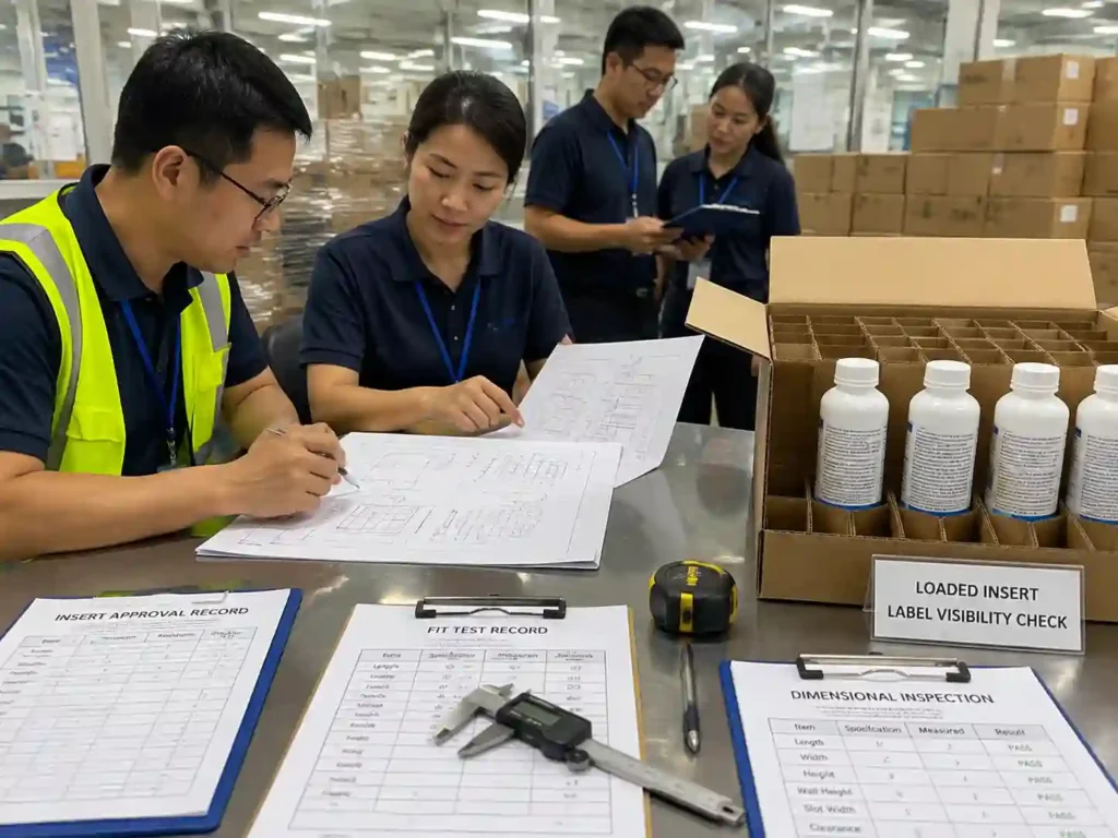 Quality control staff reviewing insert inspection records and label visibility checks before packaging production approval.