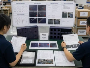 QC documentation showing scratch defects, batch traceability, corrective action, and reinspection of advent calendar box assemblies.