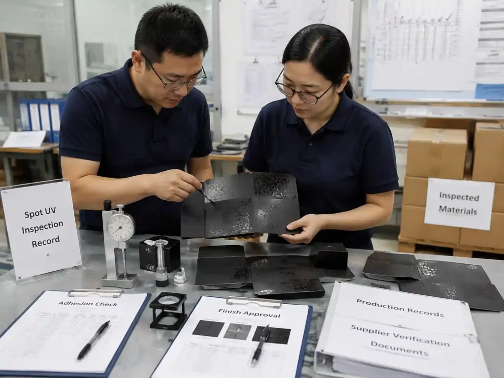 QC team verifying spot UV fold durability with inspection records and packaging samples