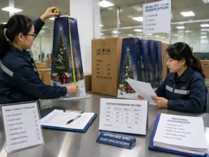 Quality inspectors verifying tall advent calendar dimensions, records, and shelf stability requirements.