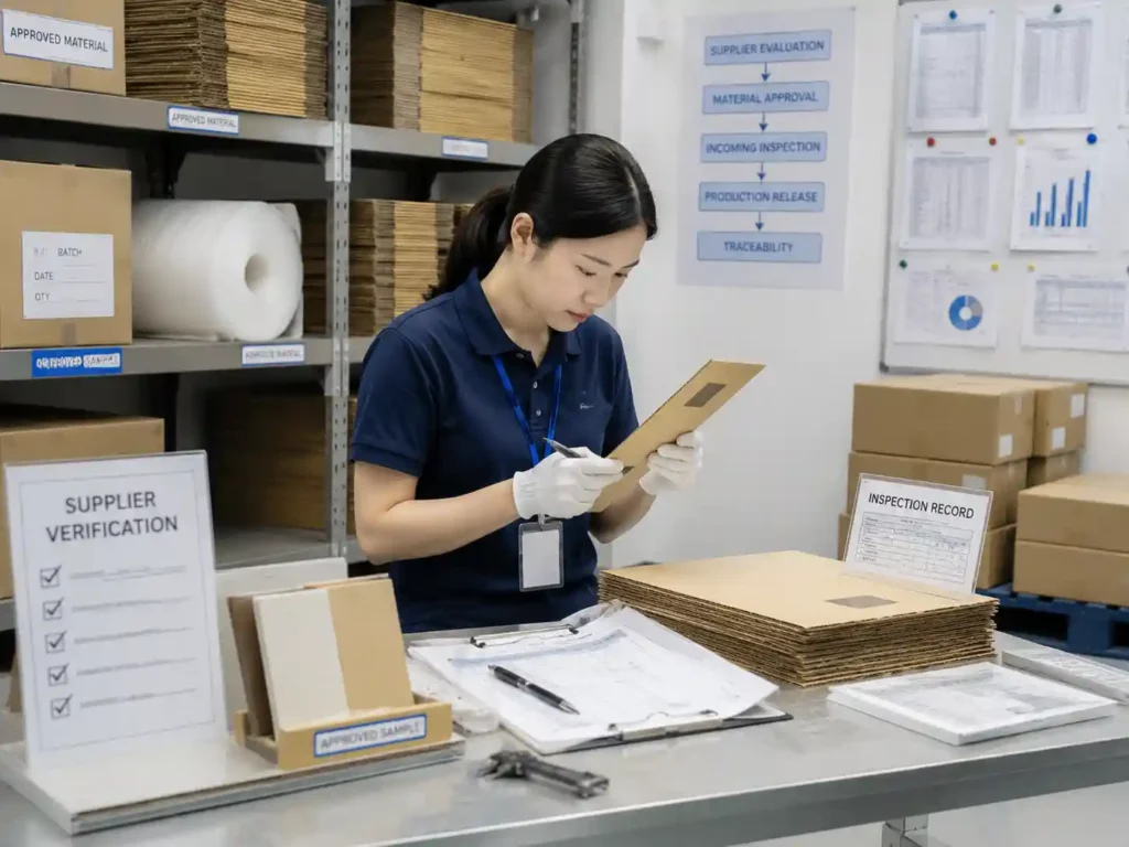 Quality control team verifying approved packaging materials with inspection records and traceability documents