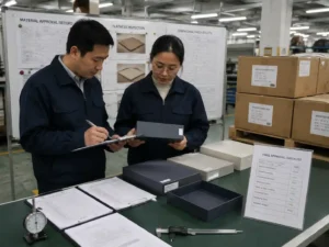 Quality control inspection of wrapped rigid box samples with measurement records and supplier verification documents.