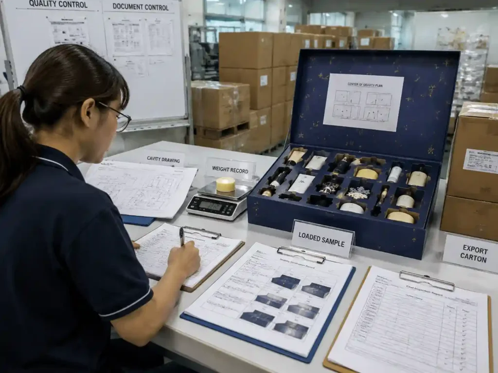 QC staff verifying product balance measurements and compartment design approval records.