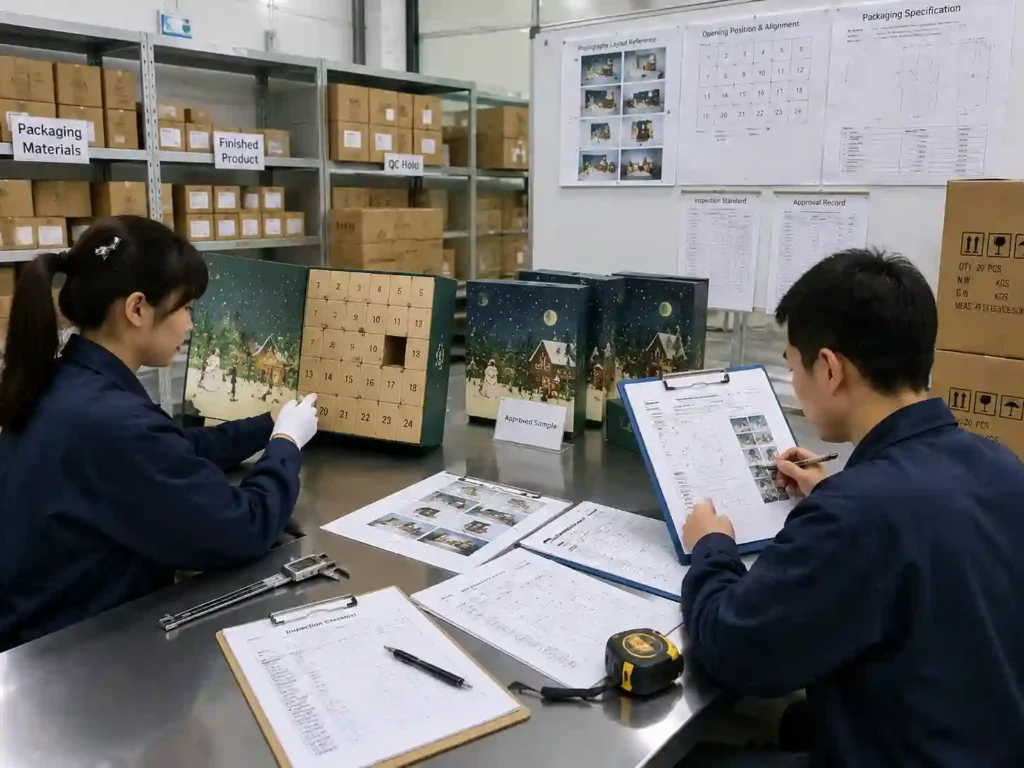 Quality inspectors verifying advent calendar opening layout and photography requirements with packaging records.