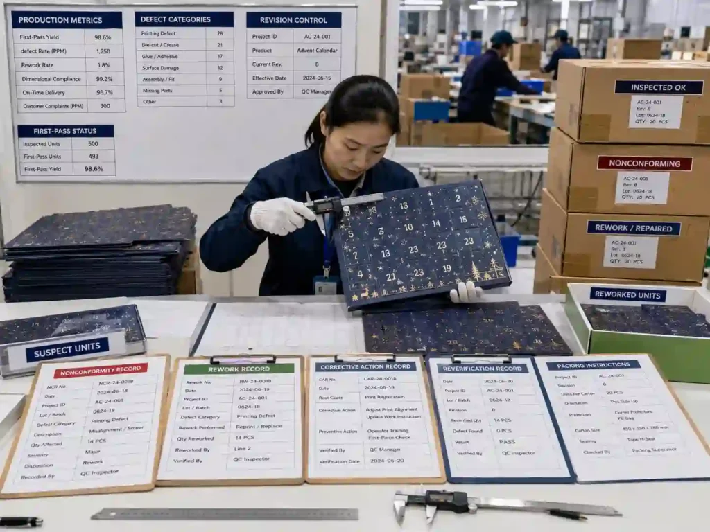 QC staff verifying packaging production risk records, measurements, rework and corrective actions for advent calendar boxes.