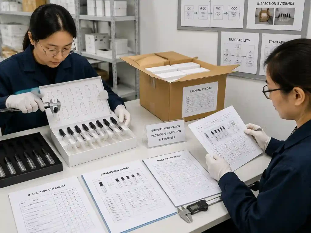 QC inspection of perfume sample calendar packaging with atomizer protection checks and verification records