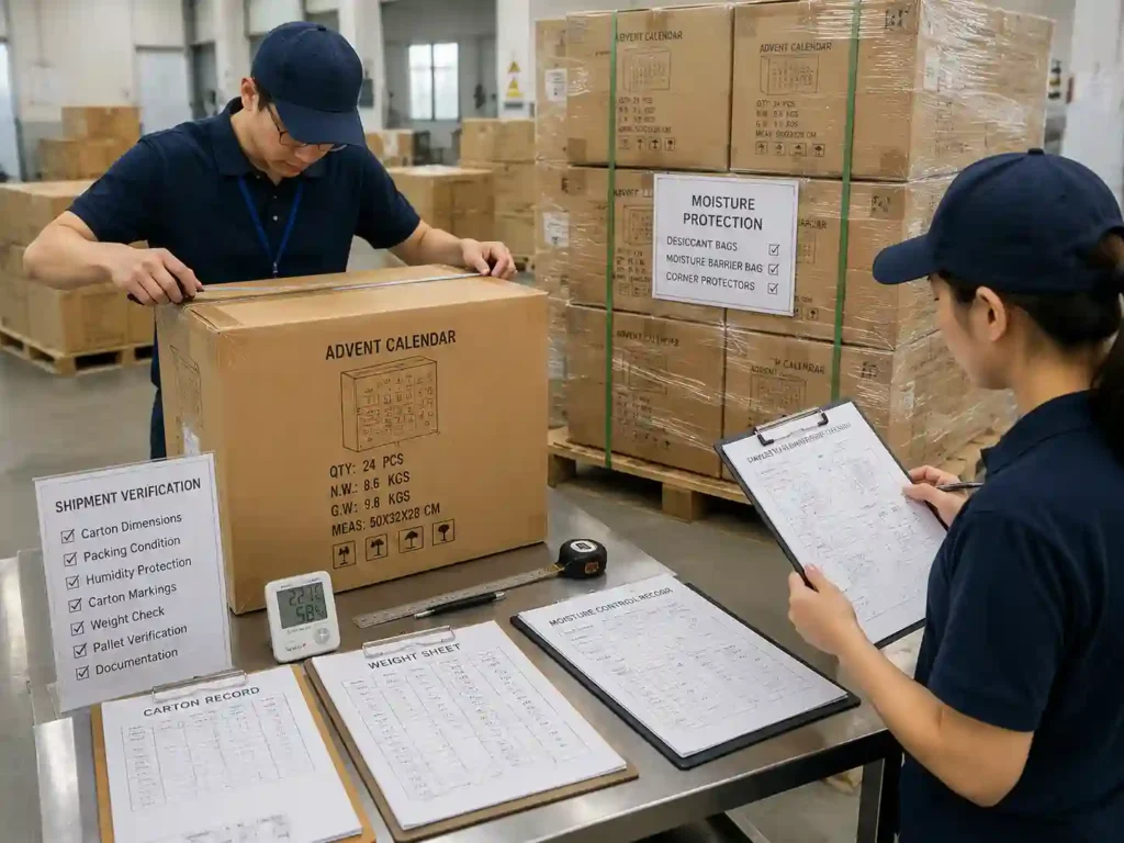 QC inspection verifying humidity protection packing records for advent calendar export cartons.