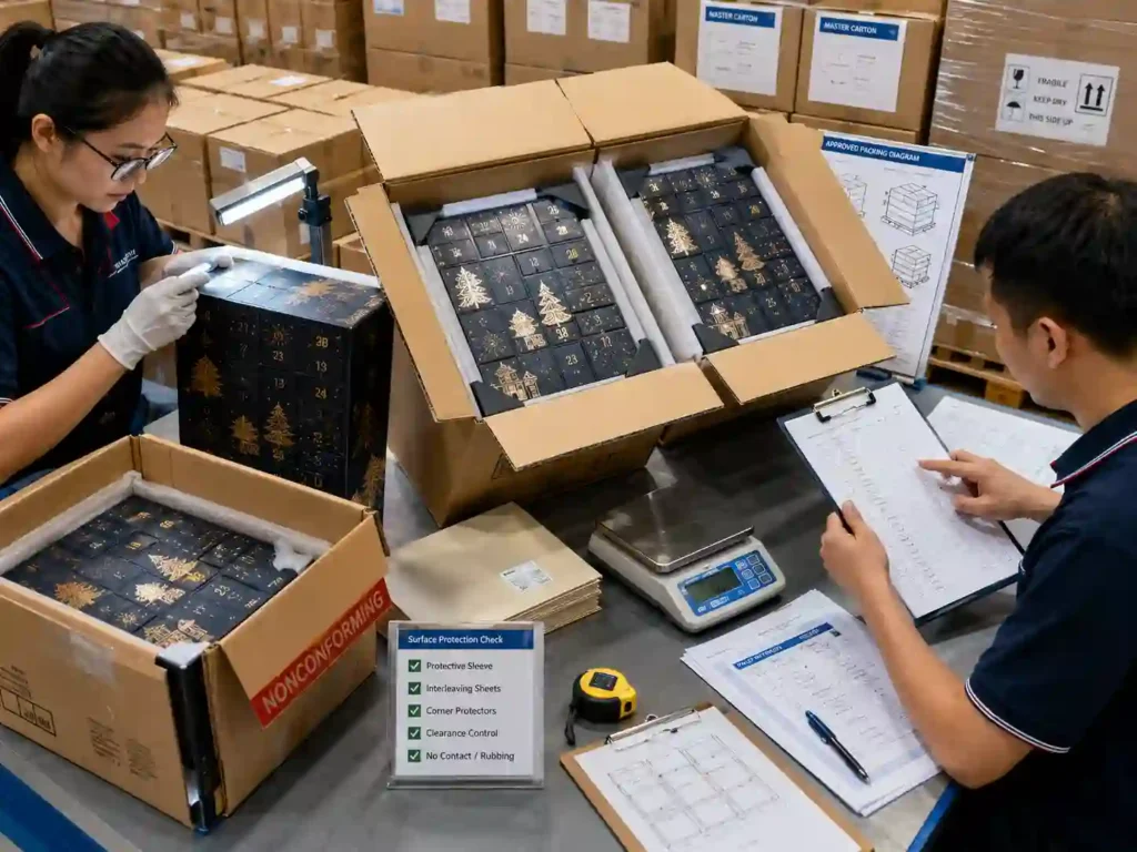 QC staff verify foil and embossed surface protection, carton packing records and pallet specifications before export shipment.