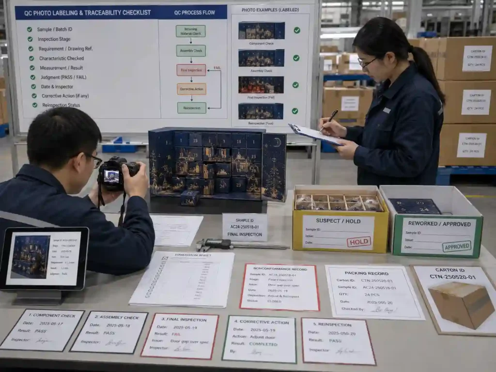 QC staff documenting identified advent calendar samples and cartons with measurements, traceability records and reinspection evidence.