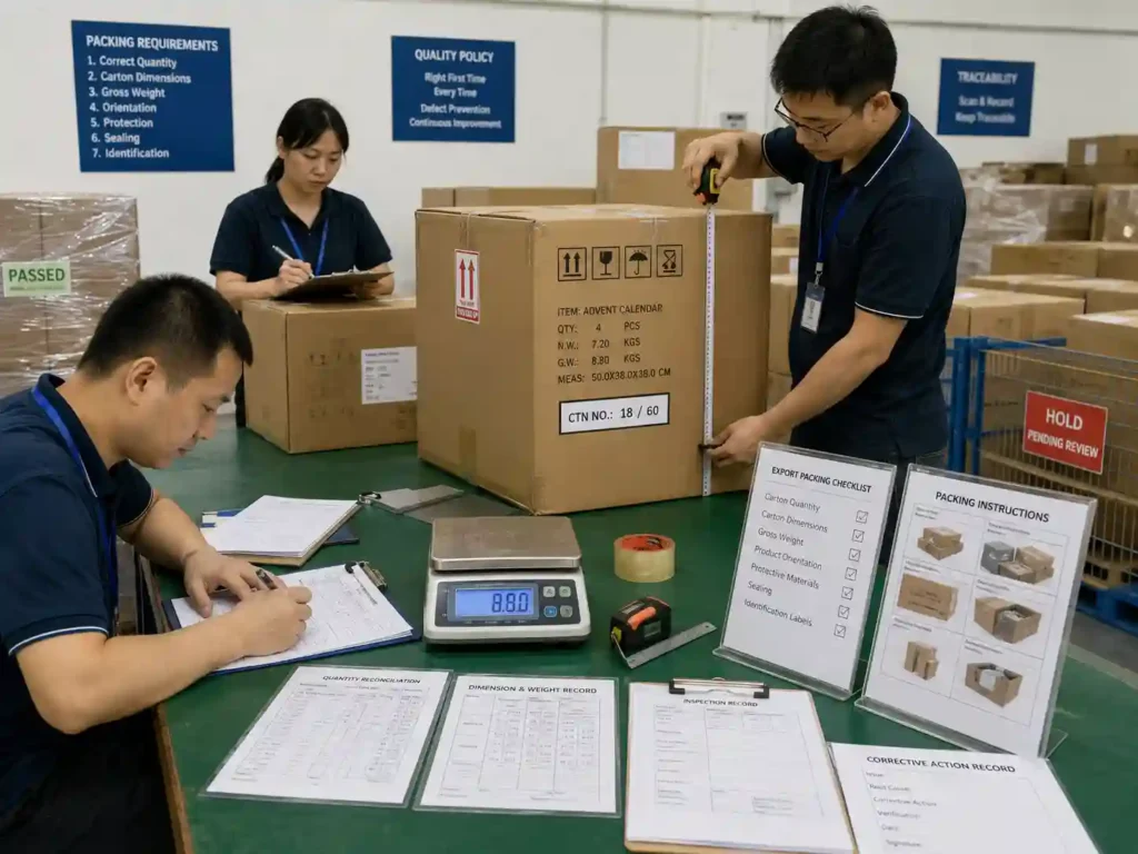 QC staff verifying advent calendar export packing records, carton measurements, quantities and shipment release.