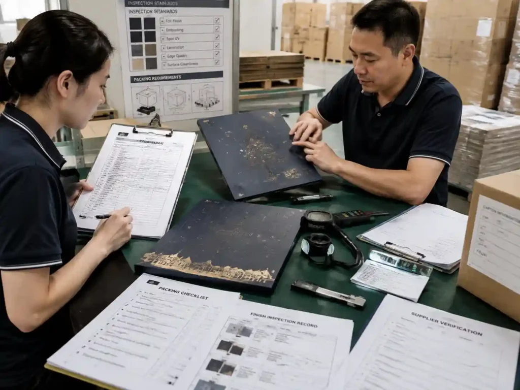 QC team verifying raised finish quality and export packing protection records for packaging production