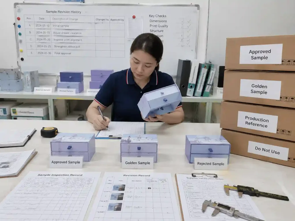Quality control staff verifying approved packaging samples and revision documentation before production.