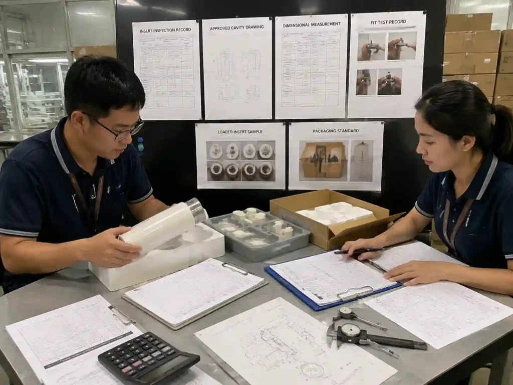 Quality control team reviewing plastic-free insert inspection records and retention verification samples
