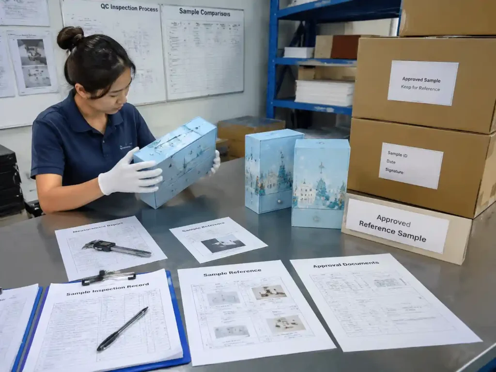 Quality control staff verifying retained packaging reference samples with inspection records
