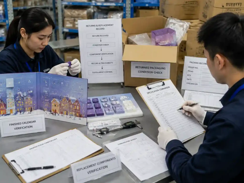 QC team verifying replacement parts and return inspection records for advent calendar packaging