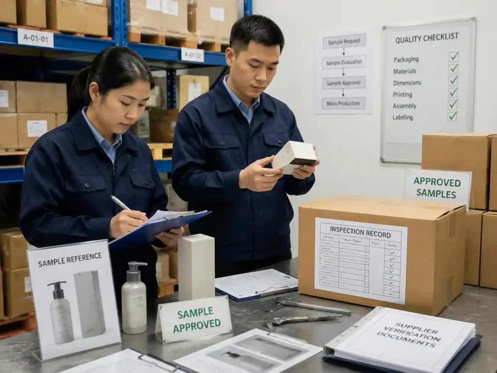 Quality control staff verifying approved packaging samples with inspection records and measurements