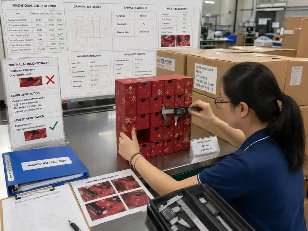 QC staff verifying a revised advent calendar sample against measurement records, corrective action documents and packing evidence.