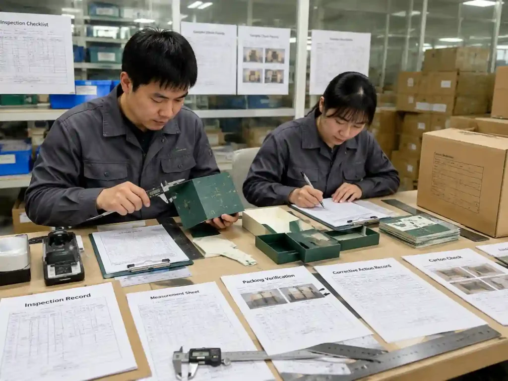Quality control review of packaging samples with inspection records and corrective action documents