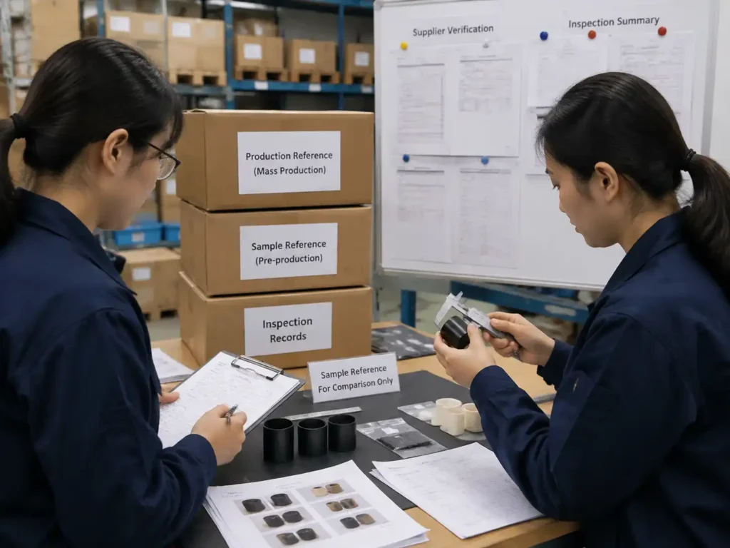 Quality control verification of packaging production differences using inspection records and measurements.