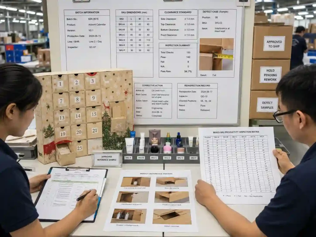 Mixed-SKU advent calendar product-fit inspection records showing measurements, batch traceability, defect evidence, and corrective-action verification.
