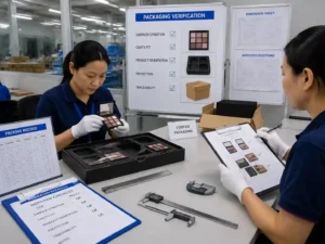 QC inspectors verifying makeup palette packaging fit and scuff protection records.