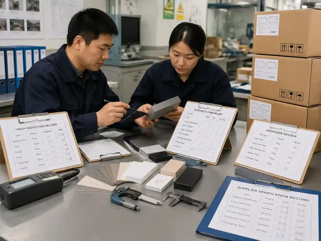 QC team verifying packaging finish quality records and durability checks