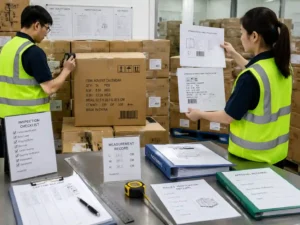 QC staff verifying retail labels and shipping marks on advent calendar export cartons