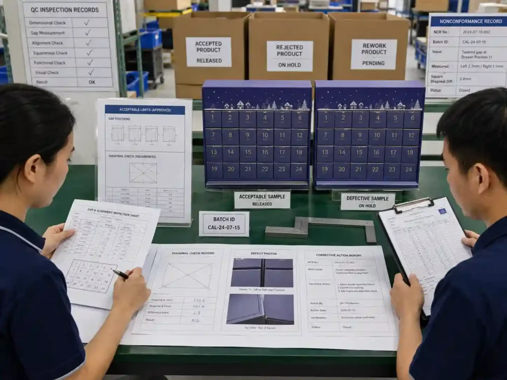 QC records tracing advent calendar gap, alignment, and squareness measurements through defects, corrective action, and reinspection.