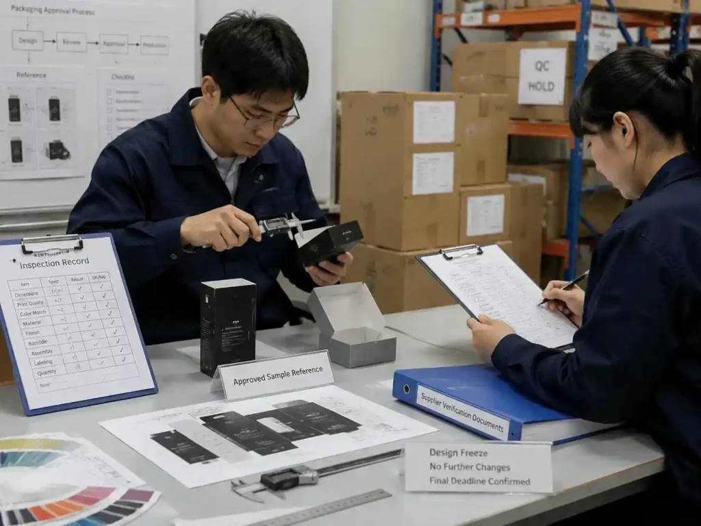 Quality control staff verifying approved packaging references after final design freeze.