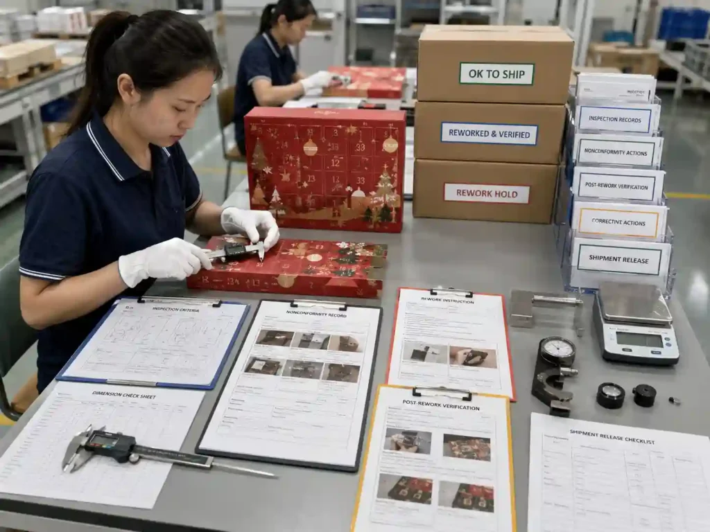 Quality staff documenting defects, rework evidence and reinspection results for advent calendar packaging.