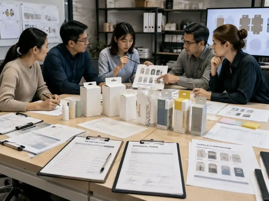 Packaging teams reviewing structural color and packing sample approval decisions with documents and reference samples