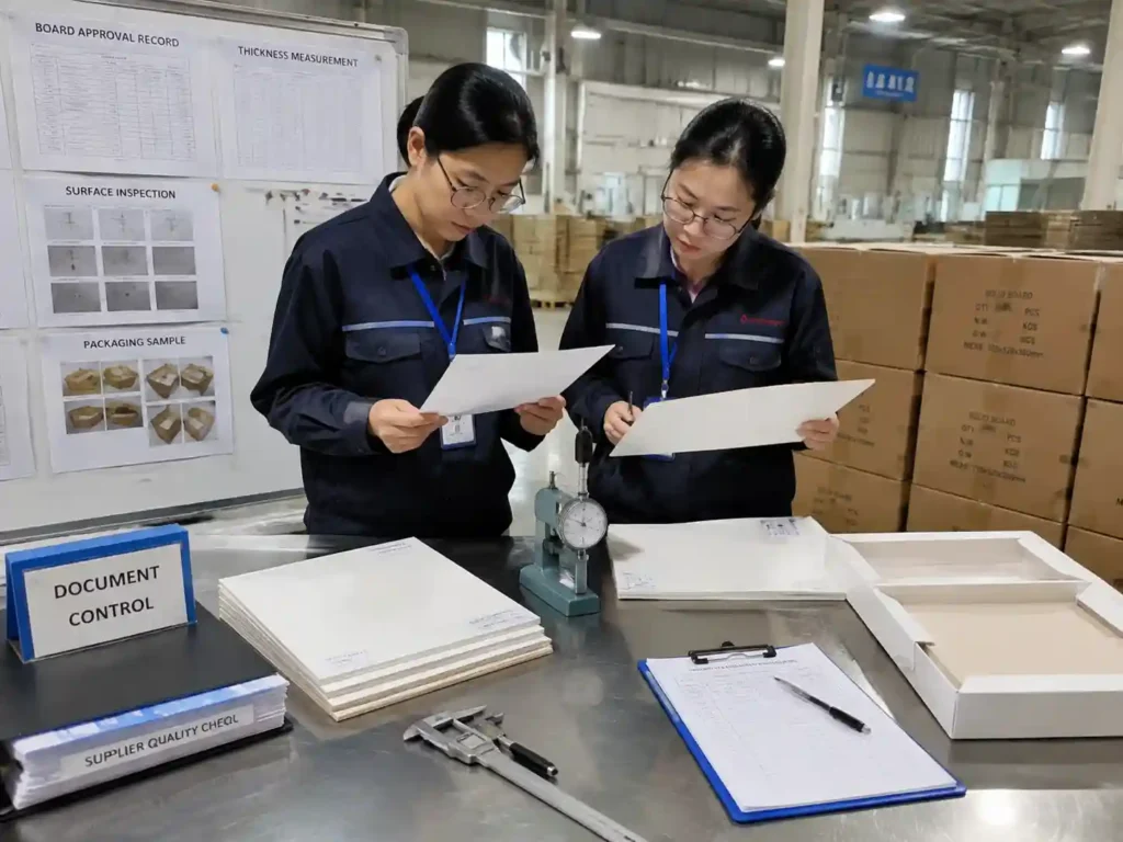 QC staff verifying SBS and recycled board packaging material records and inspection samples