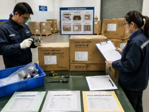 QC inspectors verifying spare component cartons with measurements, checklists, and packing records.