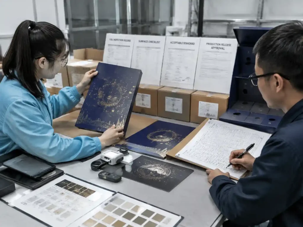 Quality control staff verifying foil finish defects and approval records for packaging production.
