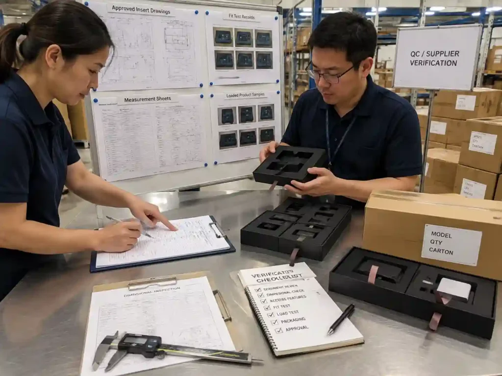 Quality control staff verifying insert access features with inspection records and approved packaging samples