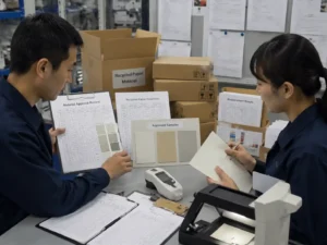 Quality control staff verifying recycled packaging material records and approved samples for consistent appearance.