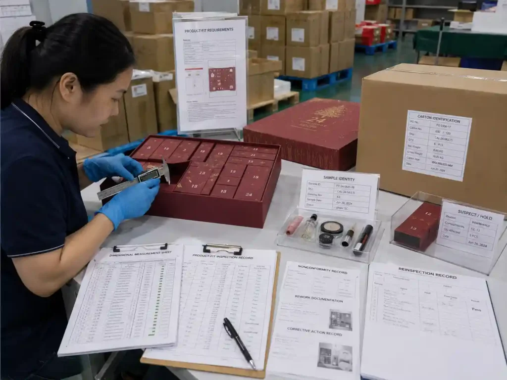 Quality staff verifying advent calendar product fit records, measurements, traceability, packing status, and corrective-action evidence.