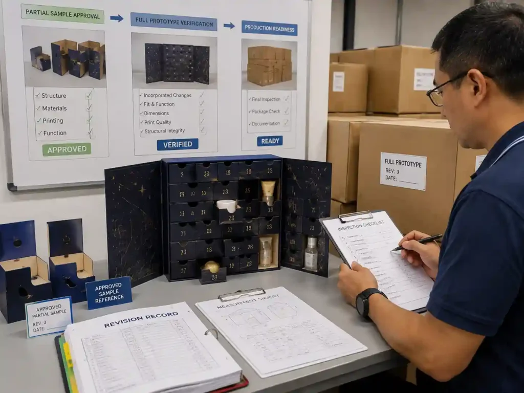 Quality control staff verifying partial sample revisions against a complete advent calendar prototype.