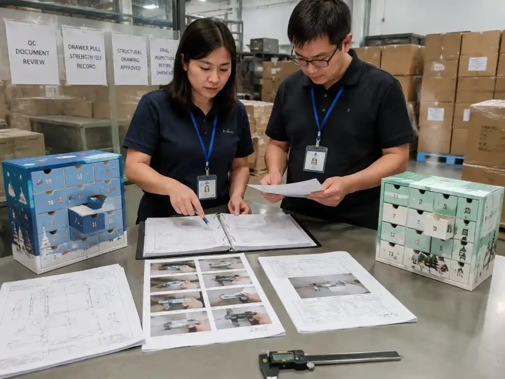 Quality control staff reviewing drawer pull strength test records and structural inspection documents for advent calendar packaging.