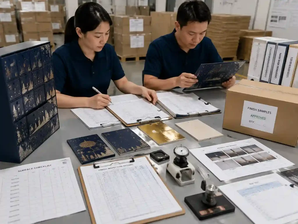 Quality control team reviewing finish adhesion inspection records before packaging production release
