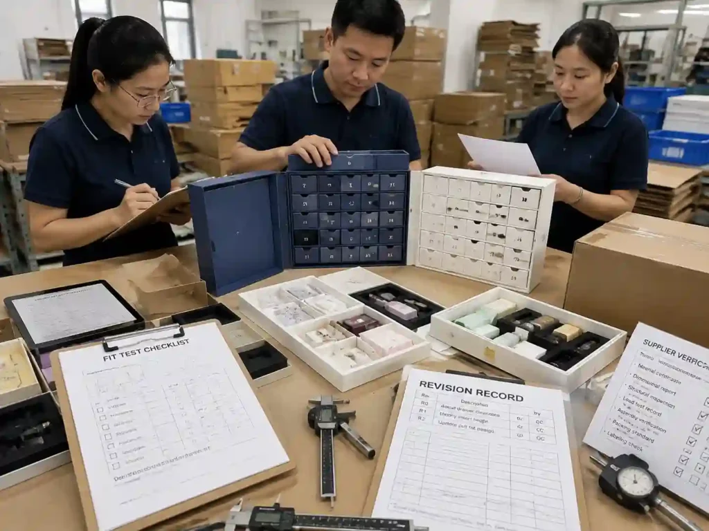 Quality control team verifying first product fit test records and packaging sample documentation.