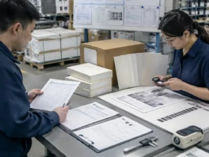 QC team verifying textured paper packaging samples and print inspection records