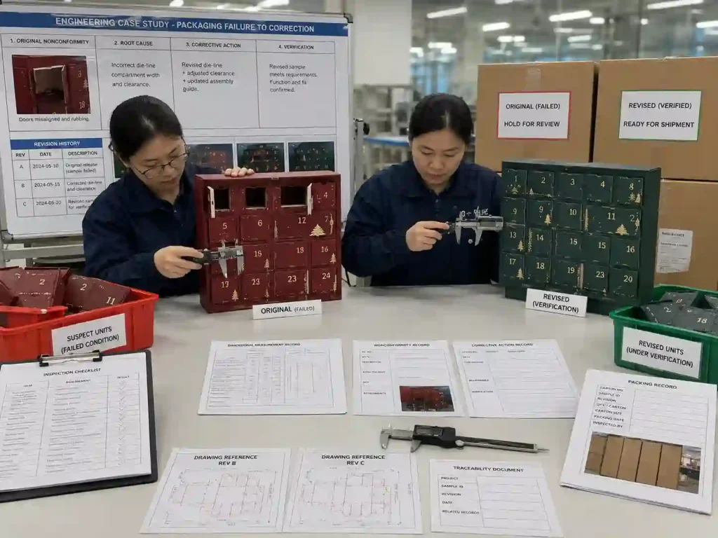 QC staff verifying revised advent calendar packaging against documented failure records, measurements, corrective action, and reinspection evidence.