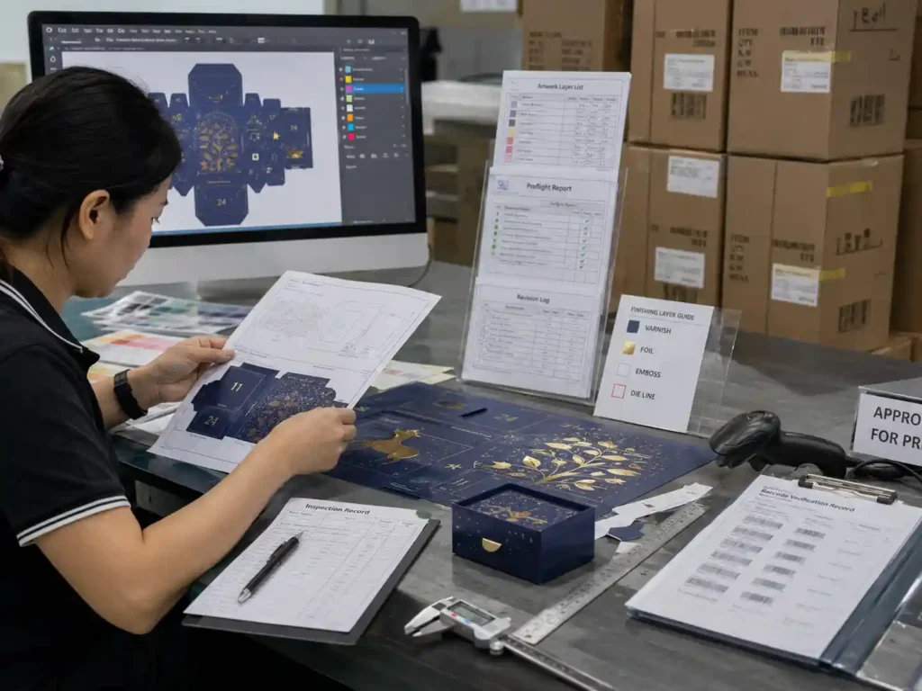 Quality control team verifying foil, emboss, and varnish artwork layer documentation before production.