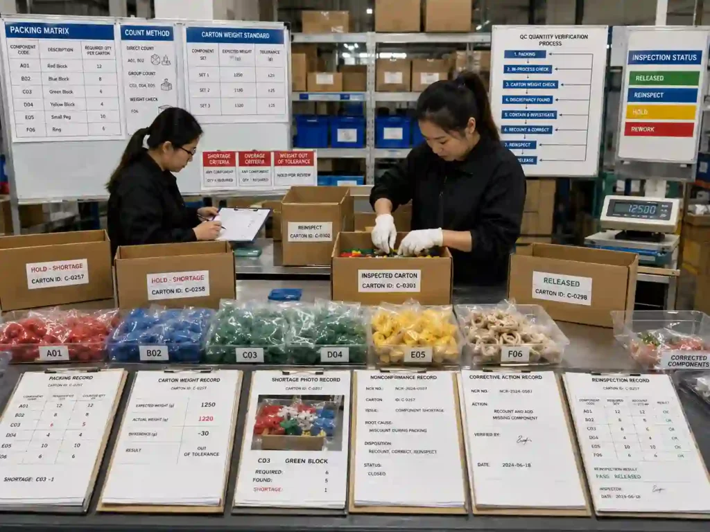 QC staff tracing a loose component carton shortage through packing records, recounting, correction, and final release.