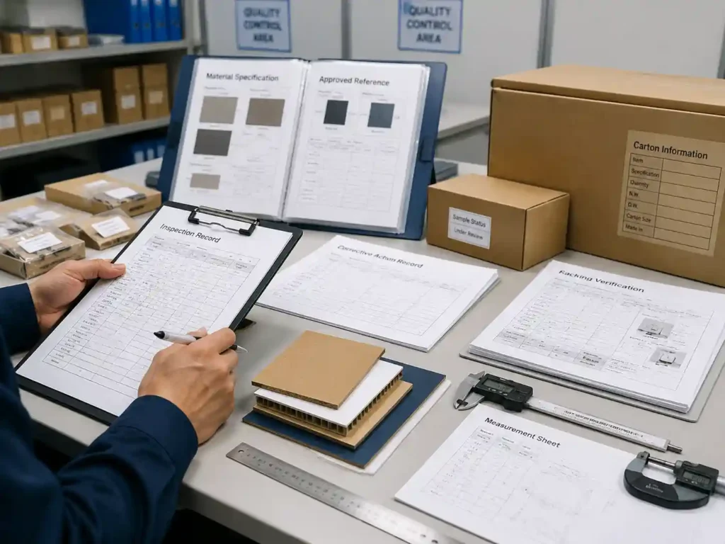 Quality control team reviewing packaging material inspection records and verification evidence