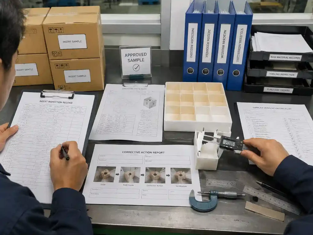 Quality inspection team verifying insert dimensions, records, and supplier corrective action documentation.