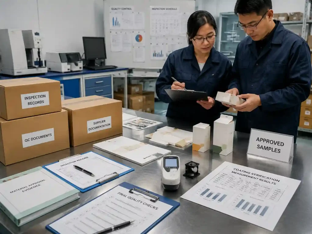 QC staff verifying water-based coating records, packaging samples, and supplier documentation during production approval