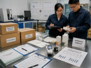 QC staff verifying water-based coating records, packaging samples, and supplier documentation during production approval
